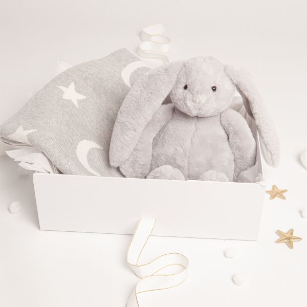 Babbico Grey Bunny Toy And Moon & Star Blanket Baby Gift Set