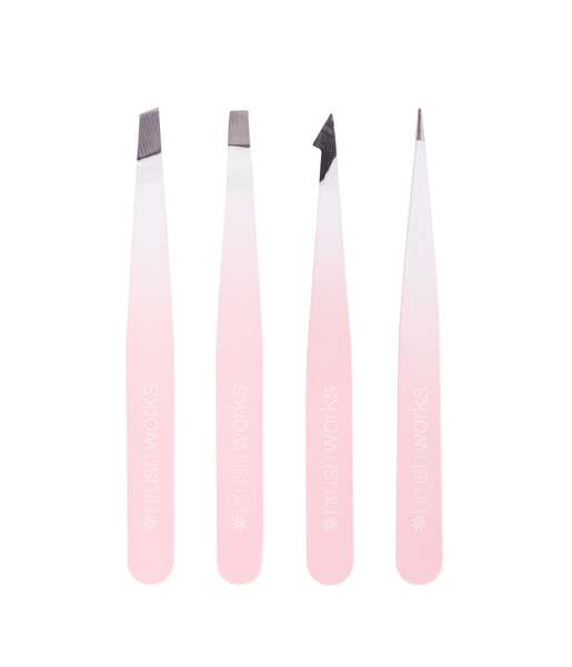 Brushworks 4 Piece Combination Tweezer Set - White & Pink