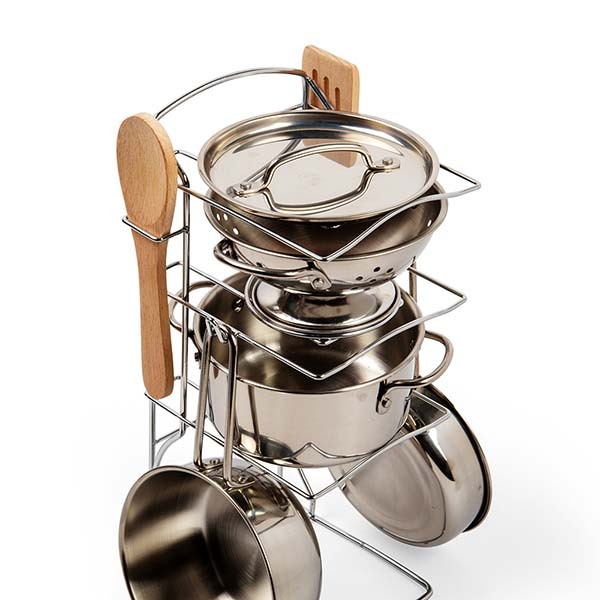 Bigjigs Toys Stainless Steel 8 Piece Cooking Pot Rack