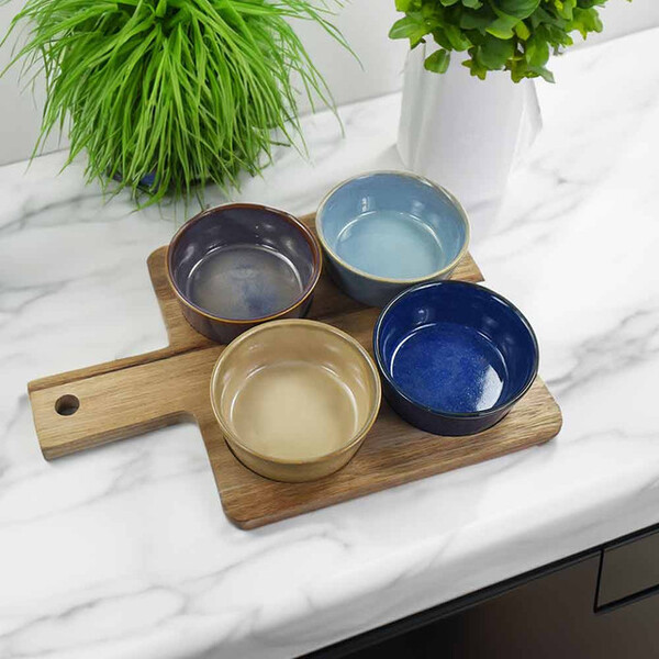 Lesser & Pavey Round Snack Dishes & Wood Tray Set Of 4