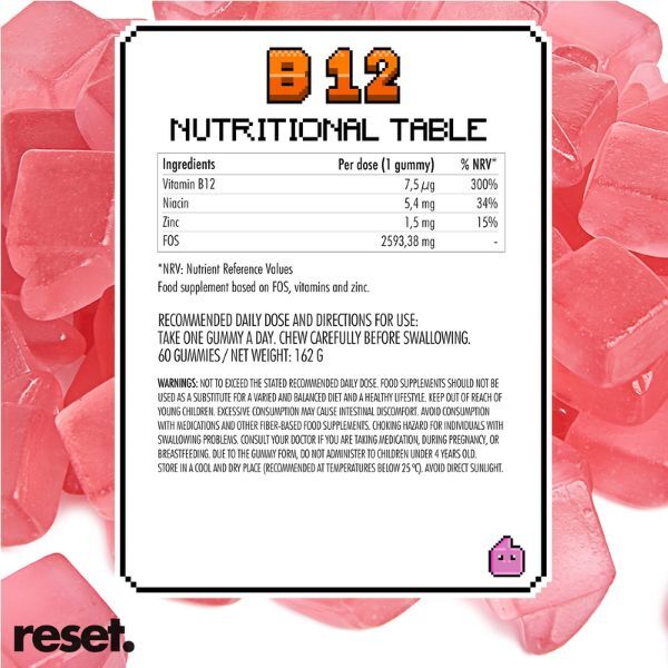 RESET B12 Vitamins Gummies Raspberry Flavour -60pcs