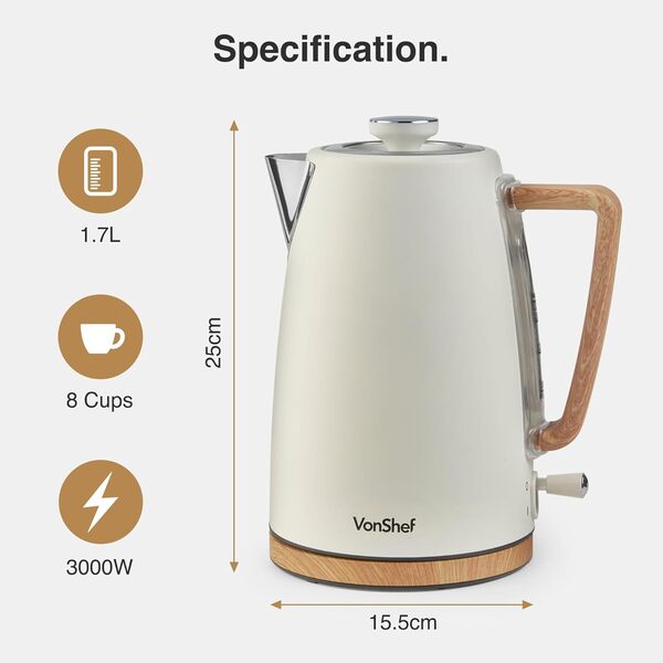 Vonhaus Fika Cream & Wood 4 Slice Kettle & Toaster Set