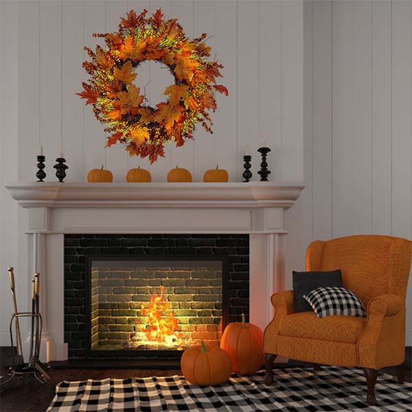 Livingandhome Lighted Maple Leaves Rattan Wreath