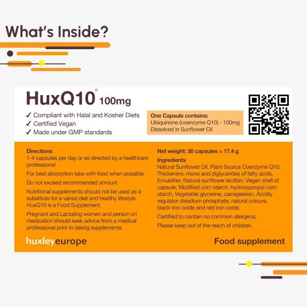 Huxley Europe HuxQ10 100mg Coenzyme Q10 - 30 Vegan Soft Caps