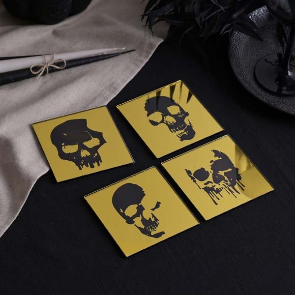 Hocus Pocus Gold & Black Mirror 4 Skull Silhouette Coasters