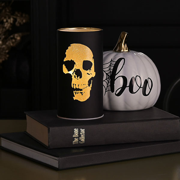 Hocus Pocus Black and Gold LED Skull Silhouette Lantern