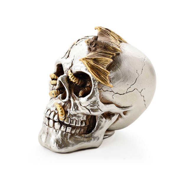 Hocus Pocus Silver Skull with Bat Resin Figurine