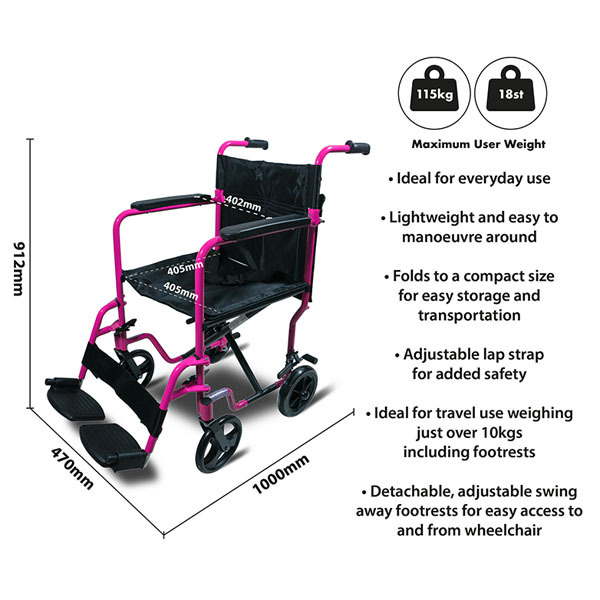 Aidapt Aluminium Transport Wheelchair Pink