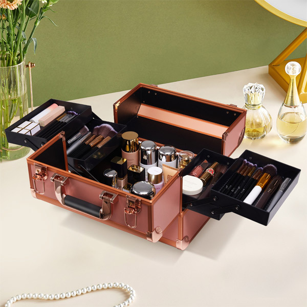 Livingandhome Professional Aluminum Makeup Box Rose Gold