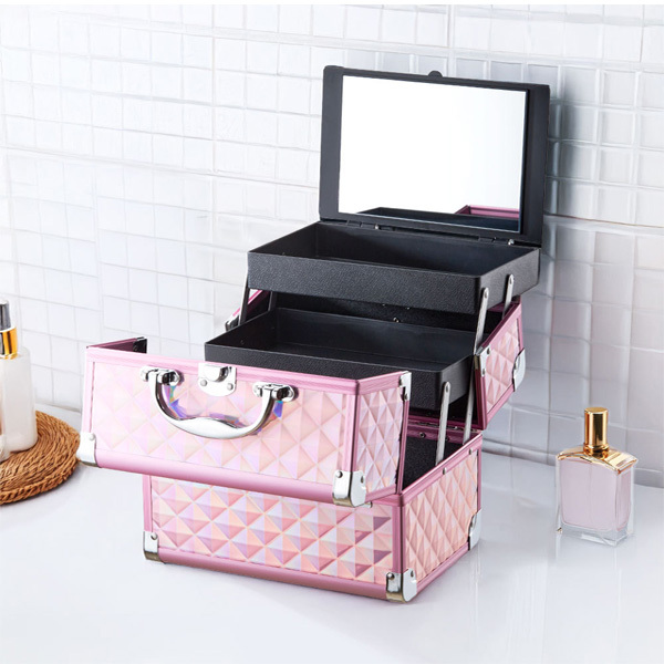 Livingandhome Pink Cosmetic Box 2 Trays with Mirror