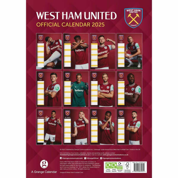 West Ham United FC 2025 A3 Wall Calendar