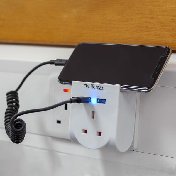 Lifemax Plug Through USB Charge, 2.5A rated, Charging Shelf