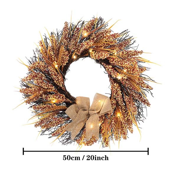 Livingandhome Golden Wheat Ears Wreath with LED Lights