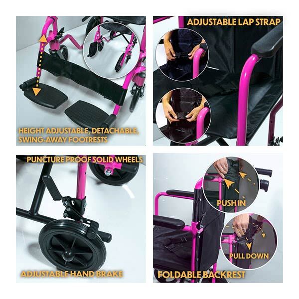 Aidapt Aluminium Transport Wheelchair Pink