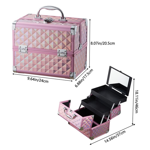 Livingandhome Pink Cosmetic Box 2 Trays with Mirror