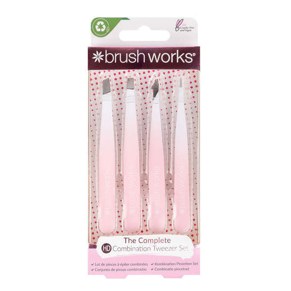 Brushworks 4 Piece Combination Tweezer Set - White & Pink