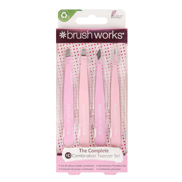 Brushworks 4 Piece Combination Tweezer Set - Pink