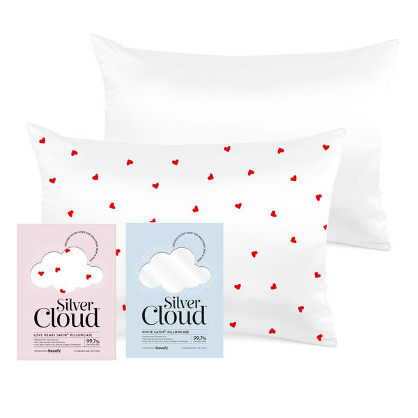 Silver Cloud Heart Print & White Satin Pillowcase Set