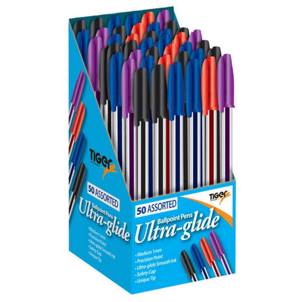 Tiger Stationery Ultra Glide Ballpoint Ink Pens (Box of 50)