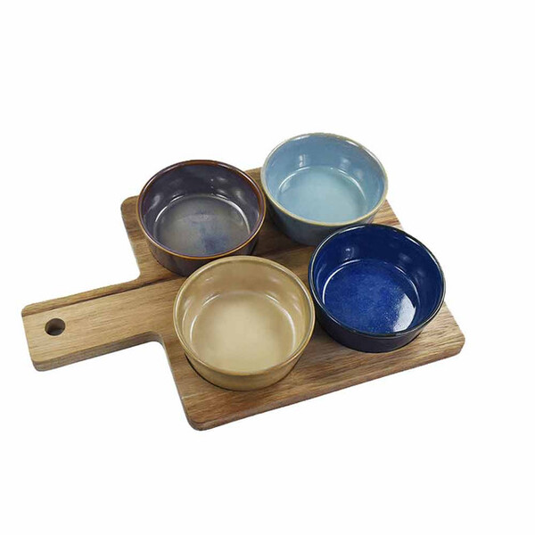 Lesser & Pavey Round Snack Dishes & Wood Tray Set Of 4