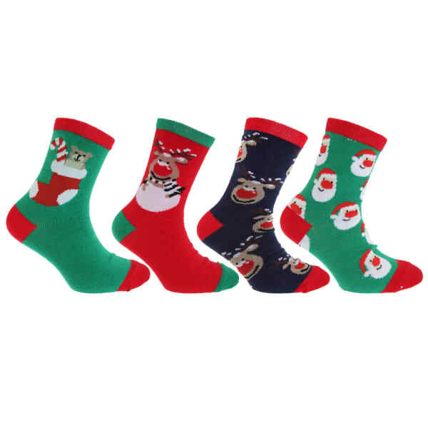 FLOSO Kids Christmas Socks (Pack Of 4) (UK Shoe 4-6)