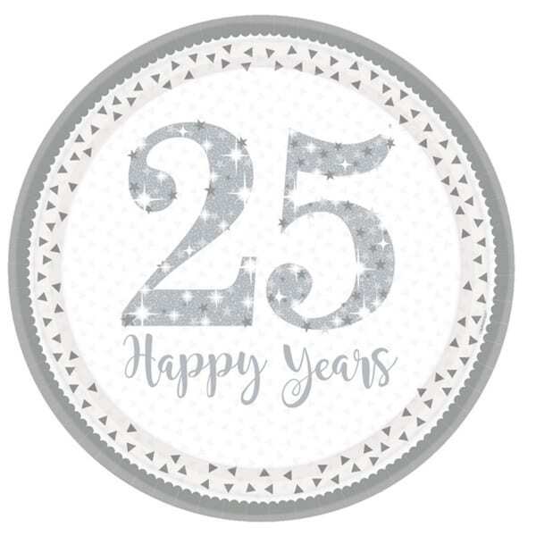 Amscan Silver Anniversary 23cm Plates (Pack Of 8)