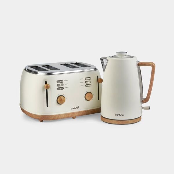 Vonhaus Fika Cream & Wood 4 Slice Kettle & Toaster Set