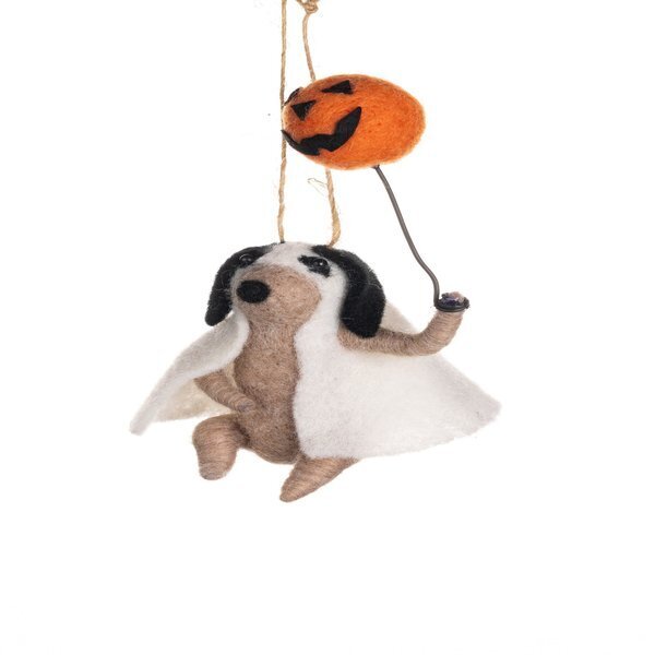 Shoeless Joe Felt Dog in Ghost Outfit Halloween Decoration