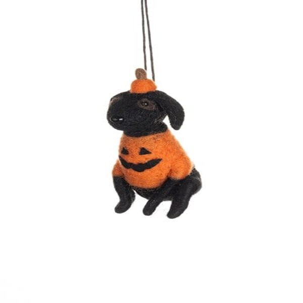 Shoeless Joe Felt Dog in Pumpkin Outfit Halloween Decoration