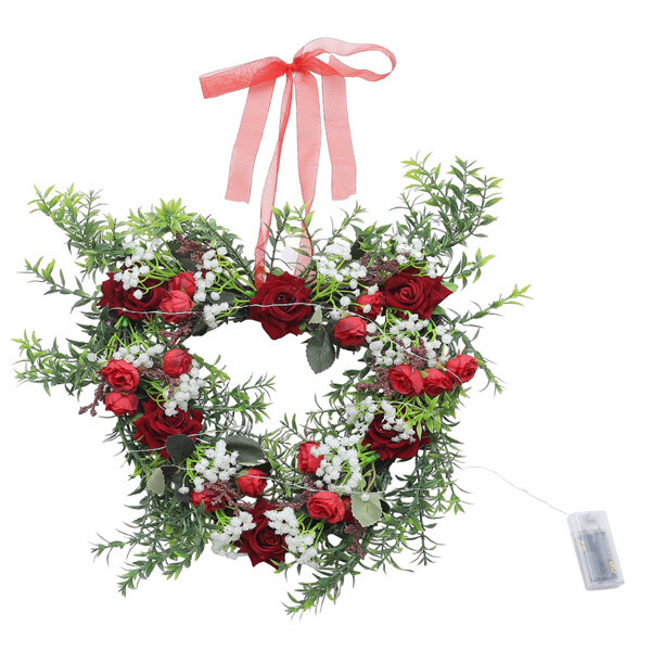 Livingandhome LED Heart-Shaped Red Rose Wreath with Ribbon