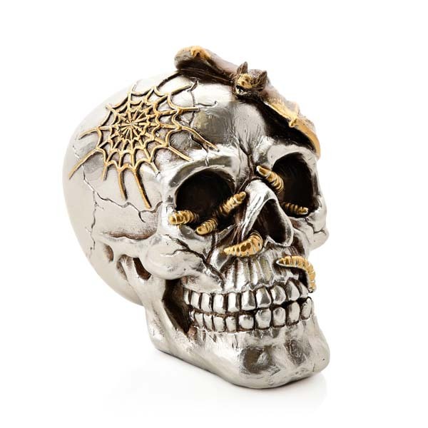 Hocus Pocus Silver Skull with Bat Resin Figurine