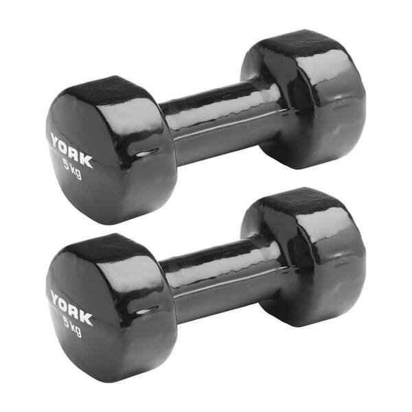 York 2 x 5kg Vinyl Dipped Dumbbells - Black