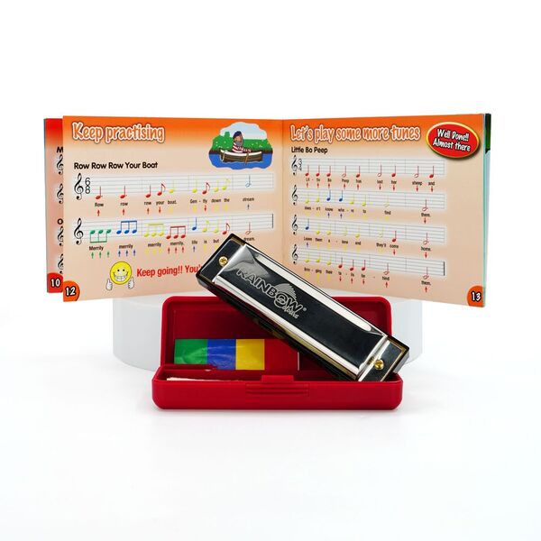 Rainbow Colours - 4 Hole Colour Coded Harmonica,With Book & Stickers