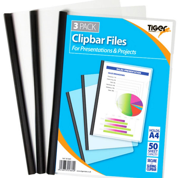 Tiger Stationery A4 Black Clipbar Files (Pack of 3) (A4)