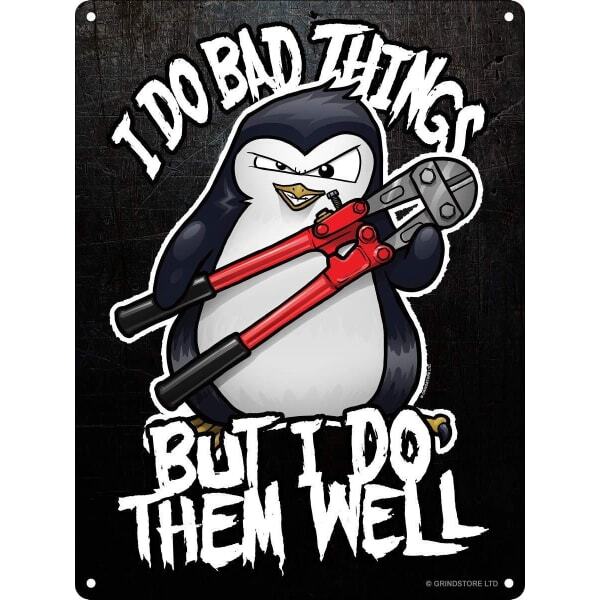 Psycho Penguin I Do Bad Things Mini Tin Sign