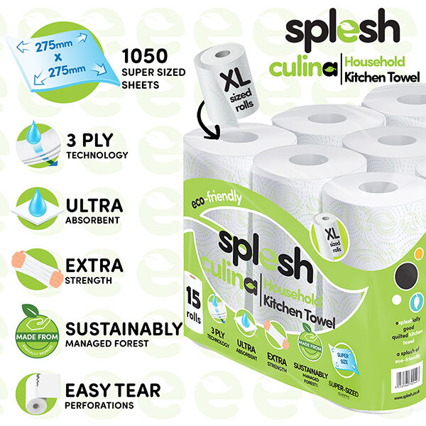 Splesh Culina Ultra Absorbent 3 Ply Kitchen Towel, 15 Rolls