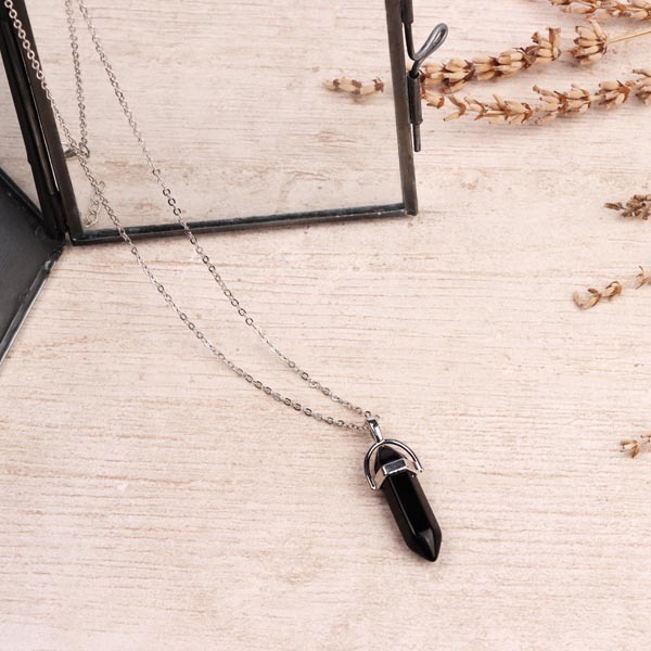 Myga Silver Plated Necklace - Obsidian Pendant