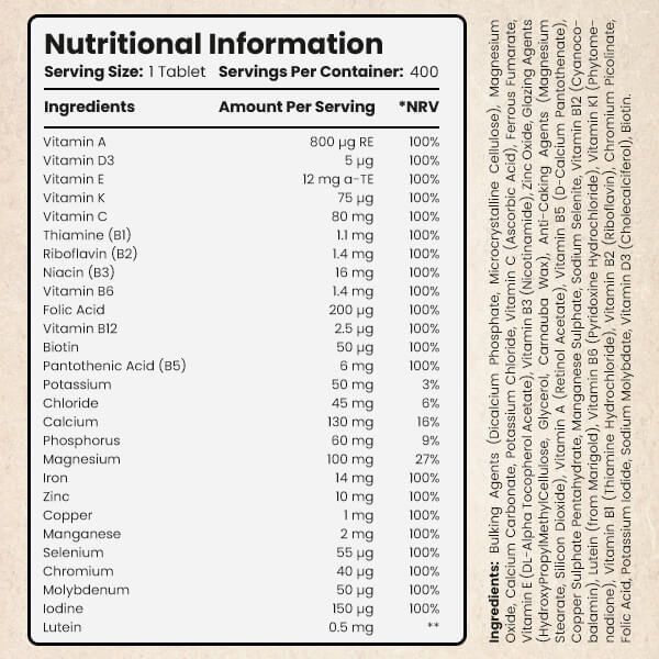 VitaBright Multivitamin & Mineral Complex 400 Vegan Tablets