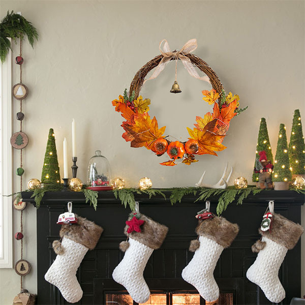 Livingandhome Artificial Pumpkin Maple Leaves Wreath