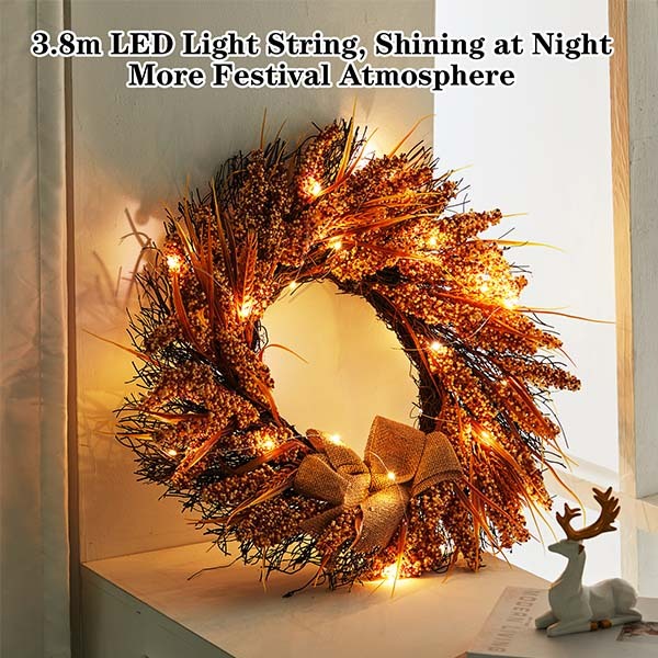 Livingandhome Golden Wheat Ears Wreath with LED Lights