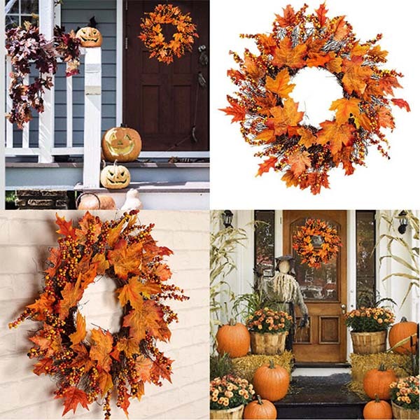 Livingandhome Lighted Maple Leaves Rattan Wreath