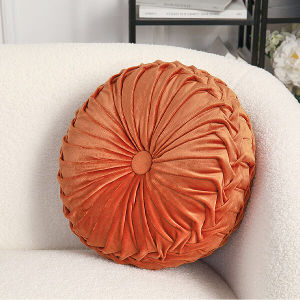 Livingandhome Round Pleated Pumpkin Velvet Cushion 35cm