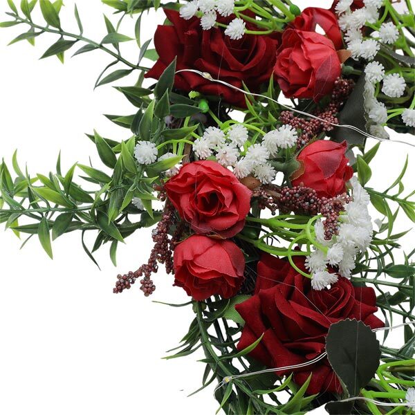 Livingandhome LED Heart-Shaped Red Rose Wreath with Ribbon