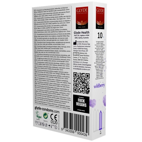 Glyde Ultra Wildberry Flavour Vegan Condoms 10 Pack