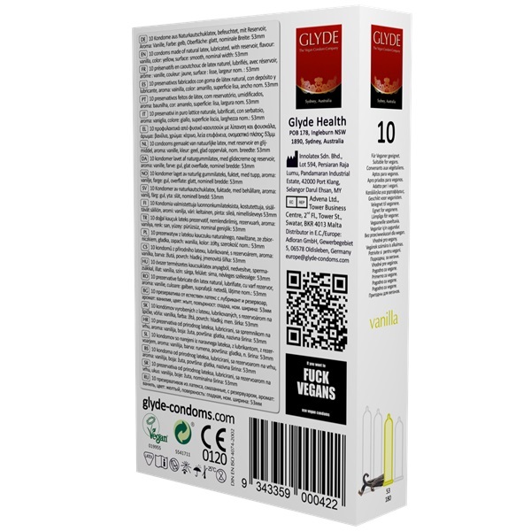 Glyde Ultra Vanilla Flavour Vegan Condoms 10 Pack