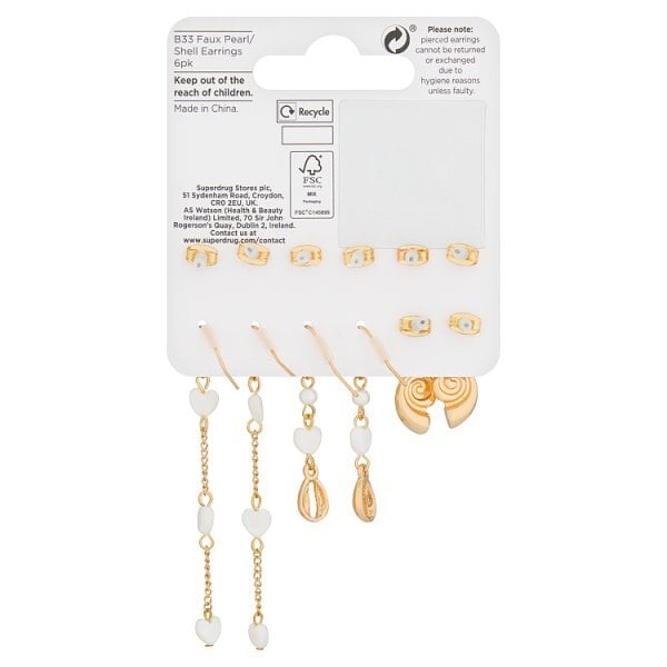 Superdrug Shell & Pearl Effect Earrings 6pk