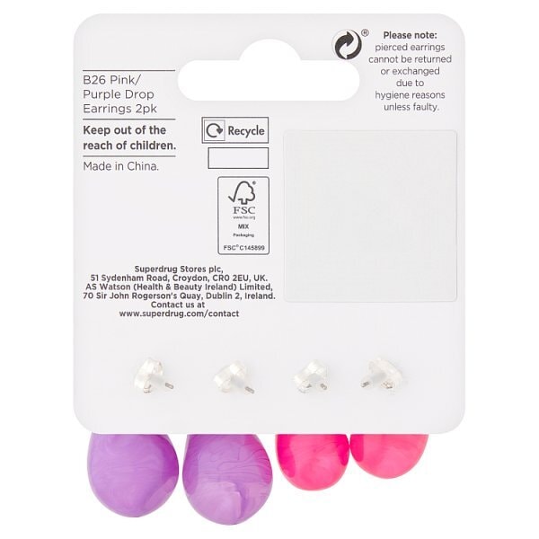 Superdrug Pink & Purple Drop Earring 2pk