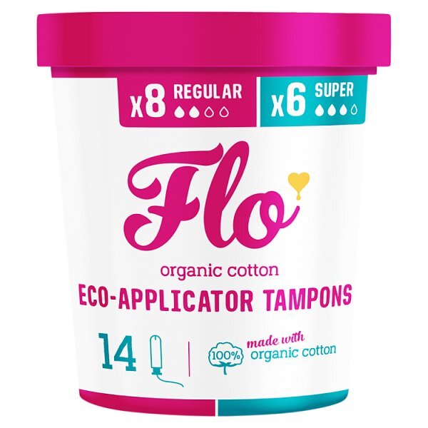Flo Organic Cotton Applicator Tampons- 8 Regular + 6 Super