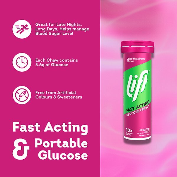 Lift 10 Juicy Raspberry Fast Acting Glucose Chews 10 tablets