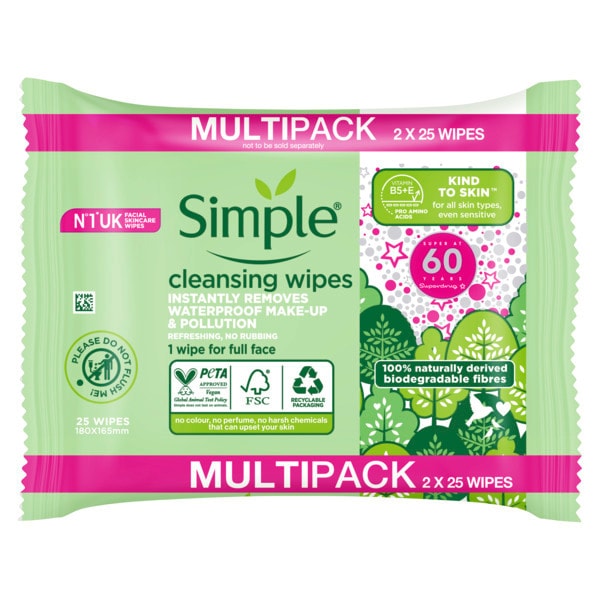 Simple Kind To Skin Cleansing Wipes Biodegradable 50 Pc